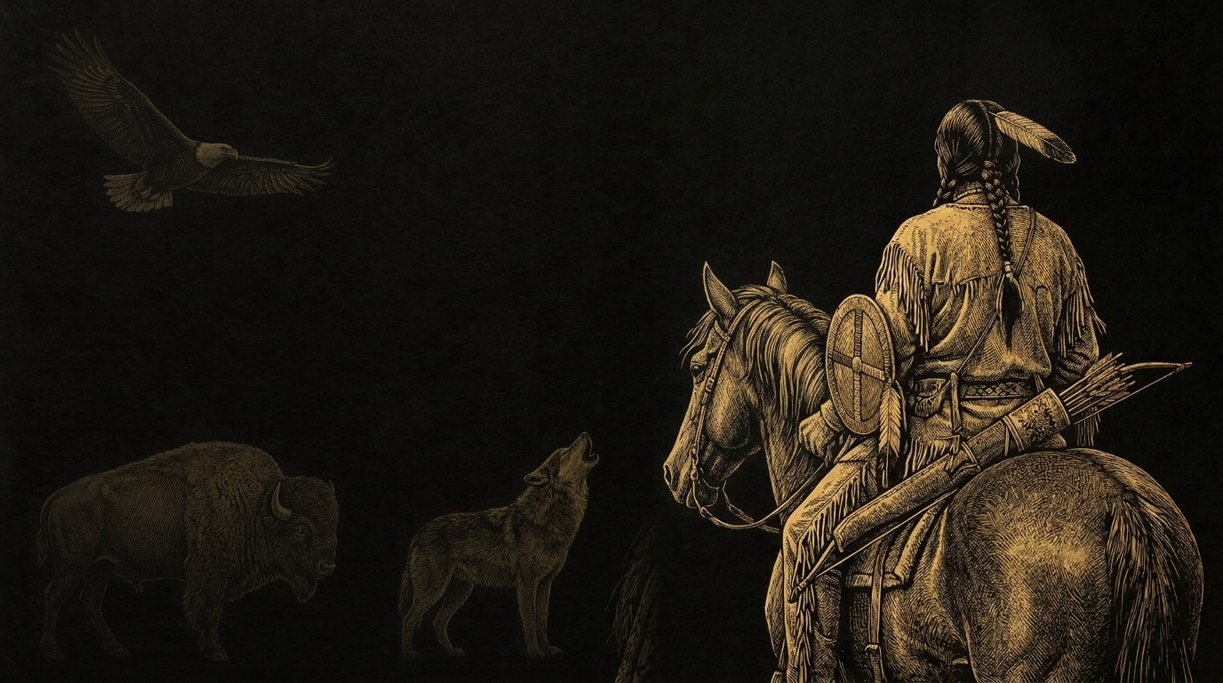 Gold engraving of a Lakota warrior on horseback