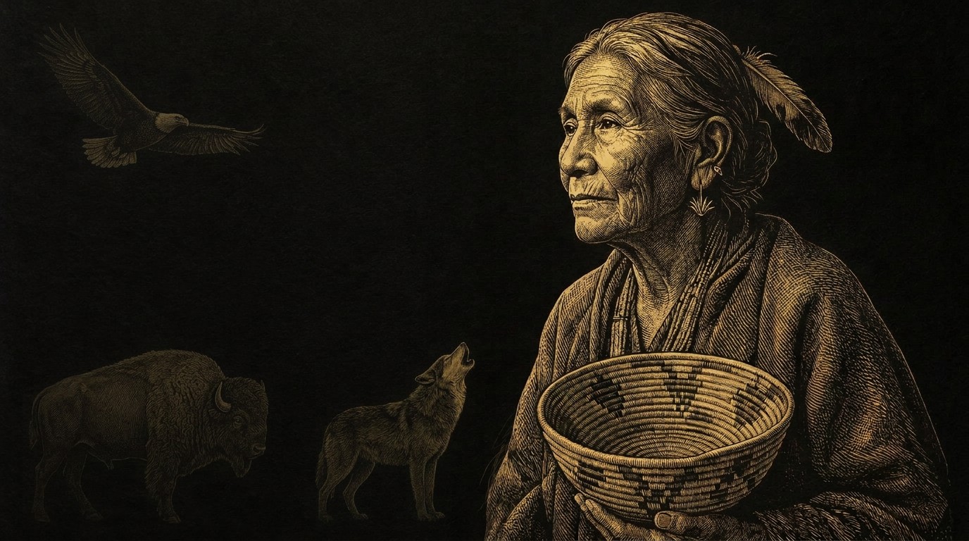 Gold engraving of a Kumeyaay elder holding a basket