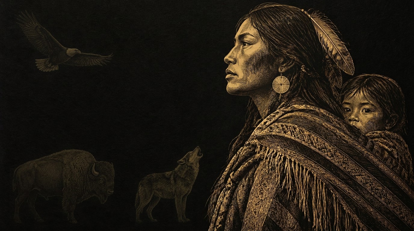 Gold engraving of a Lakota woman carrying her child